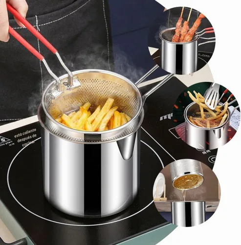 Vista 3 de Olla de acero inoxidable 304 con canasta, freidora con tapa de estufa con mango de fácil agarre, olla multifuncional de gran capacidad para freír