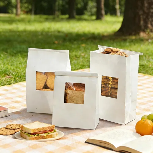 Vista 4 de AVLA Paquete de 100 bolsas de panadería con ventana, bolsa de galletas de 5.9 x 2.8 x 9.2 pulgadas, bolsas de papel kraft blanco, bolsas de bloqueo