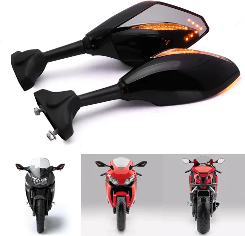 Vista 2 de Amazinea, 2 espejos laterales retrovisores con luz de giro LED color ámbar integrada, delantero, color negro, para Honda Yamaha Kawasaki Ninja, Negro