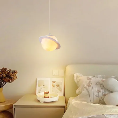 Vista 2 de Lámpara colgante de planeta con anillo de impresión 3D con bolas blancas, lámpara colgante de techo moderna para dormitorio, comedor, mesa