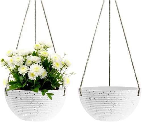 Vista 9 de Asnext Maceta colgante de 10 pulgadas con patrón de línea para plantas de interior y exterior, paquete de 2 macetas colgantes redondas para plantas