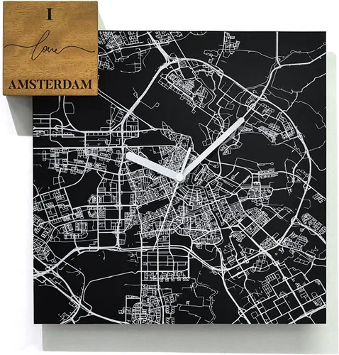 Vista 21 de Modern Wall Clock - Black Aluminum with Silver Fiber Laser Engraving - Square - Contemporary Design - Personalized City Map - Home Town - Location