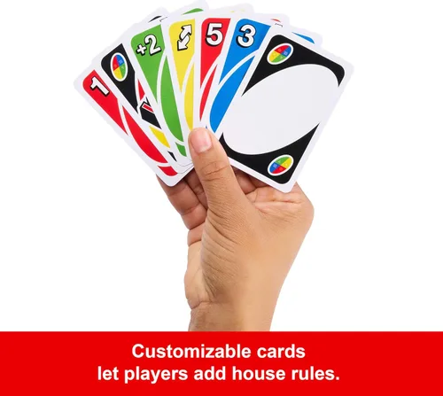Vista 6 de Mattel Games Juego de cartas UNO para niños, adultos y noches y fiestas familiares, viajes y vacaciones, baraja accesible y personalizable