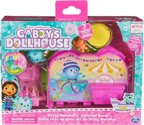 Vista 2 de Gabby's Dollhouse Gabby’s Dollhouse Kitty Narwhal’s Carnival Room, Playset, Juego de sala de carnaval, figura de narval de gatito, piscina de bolas