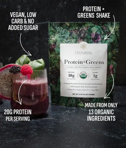 Vista 3 de Truvani Proteína + Suplemento de Verduras Espinaca, Col Rizada y Brócoli 10g de Proteína Orgánica a Base de Plantas 20 Porciones USDA