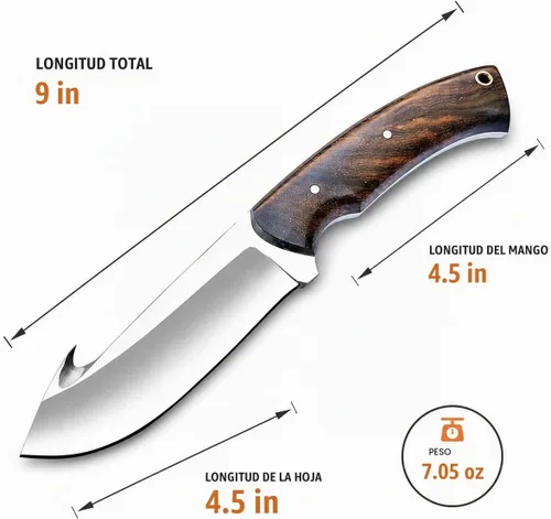 Vista 3 de Cuchillo de gancho de acero D2 hecho a mano - Hoja fija de espiga completa con mango de madera y funda de cuero - Cuchillo afilado para desollar