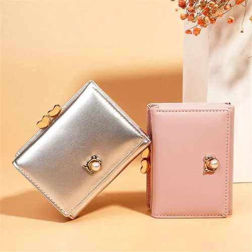 Vista 2 de JIUFENG Cartera corta con bloqueo RFID para mujer, triple, moda coreana, multifuncional, con perla, tarjetero