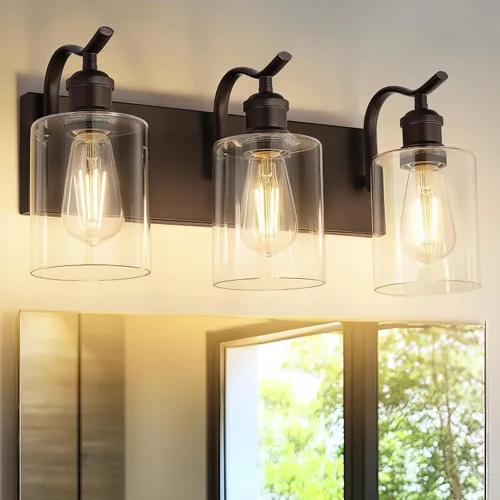 Vista 28 de Lámpara de tocador de baño de 3 luces, aplique de pared de níquel cepillado, lámpara de baño moderna con vidrio transparente, VL01BN-3 Níquel