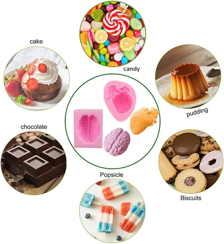 Vista 4 de WYD 2 piezas de molde de mousse de helado de corazón humano y cerebro 3D DIY Halloween órgano sorpresa molde de silicona para fondant de dulce
