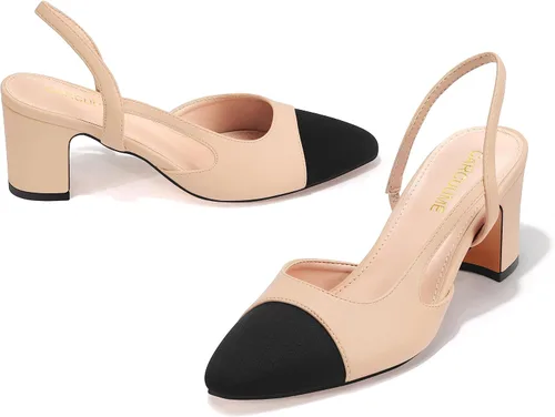 Vista 4 de Carcuume Tacones con espalda cruzada para mujer, zapatos de dos tonos, tacones bajos casuales sexys, tacones gruesos para mujer, zapatos de tacón
