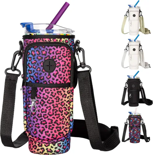Vista 8 de Soporte para botella de agua con correa para vaso Stanley de 40 onzas con asa, bolsa para botella de agua con bolsillo para teléfono, bolsillo