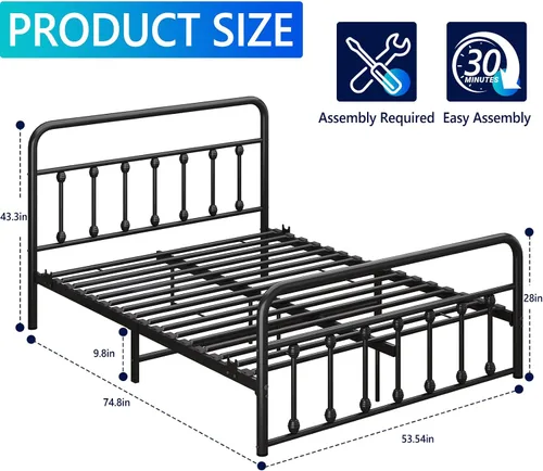 Vista 2 de erosoei Base de cama matrimonial completa de metal con espacio de almacenamiento, base de cama de acero de 74.8 pulgadas con almohadillas
