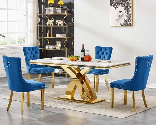 Vista 25 de Juego de mesa de comedor de 5 piezas para 4, mesa de cocina de mármol negro de 68 pulgadas con 4 sillas beige, mesa de comedor rectangular moderna