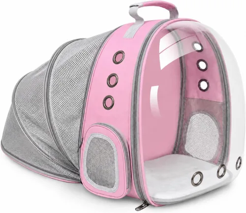 Vista 18 de Mochila expandible para gatos y perros, mochila de viaje para mascotas con ventana de burbujas con malla transpirable, estructura anticolapso, Negro