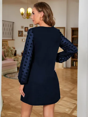Vista 2 de SweatyRocks Vestido Mini Corto de Línea A de Manga Larga con Malla Elegante y Contraste para Mujer Azul marino