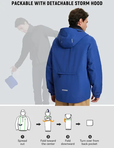 Vista 6 de baleaf Chaqueta impermeable para hombre 3 en 1 para esquí de invierno, rompevientos con capucha reflectante, plegable, con chaqueta de forro polar