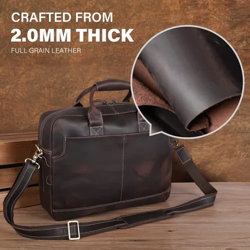 Vista 2 de Maletín de cuero genuino para hombre, maletín de cuero de grano completo de 16 pulgadas, bolsa de mensajero con cremalleras de metal YKK
