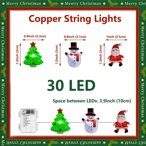 Vista 5 de Curyidy Guirnalda de luces de Navidad, 30 luces LED de cobre con control remoto y resistente al agua, funciona con pilas, para interiores y Papá Noel