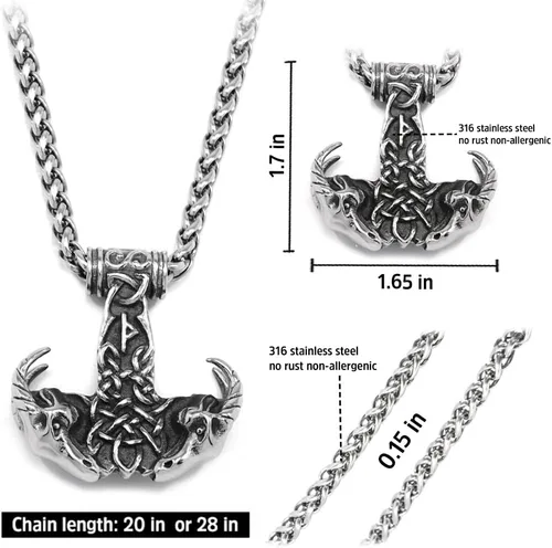 Vista 4 de BAVIPOWER Collar de martillo de Thors con cabeza de cabra vikingo de carnero, collar de martillo de Thors de acero inoxidable, joyería pagana