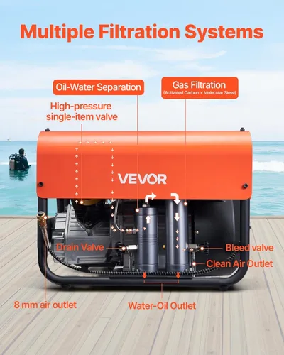 Vista 3 de VEVOR Compresor de Aire PCP, Compresor de Aire para Tanque de Buceo de 4500 PSI/30 Mpa, Compresor de Buceo PCP de Doble Cilindro con Parada