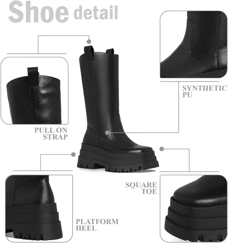 Vista 7 de VIMISAOI Botas de plataforma de bloque grueso para mujer, punta redonda, botas góticas hasta la rodilla, botas de media pantorrilla