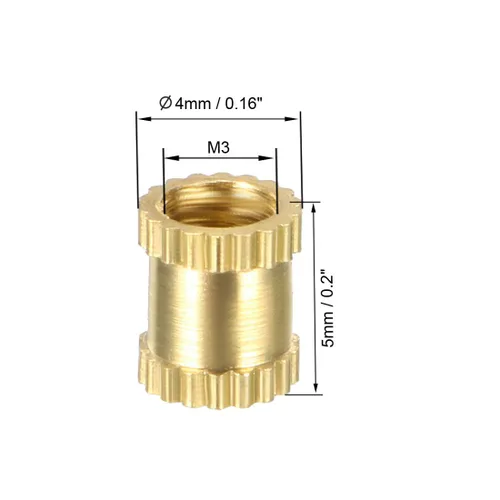 Vista 2 de uxcell Tuercas de inserción moleteadas, 10 piezas M3 x 0.197 in de longitud x 0.157 in de diámetro externo, rosca hembra de latón, tuerca