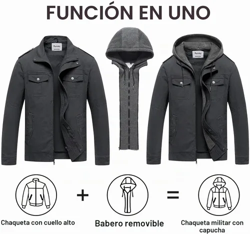 Vista 2 de Pursky Chaqueta Militar de Hombre Chaqueta de Algodón Lavado Casual con Capucha de Lienzo Abrigo de Otoño Gris