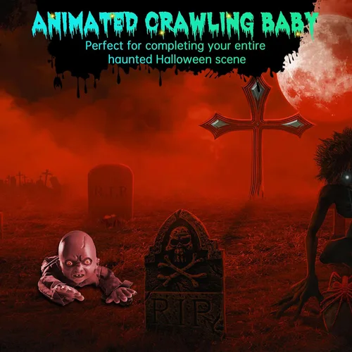 Vista 4 de AW Lápida animada de Halloween de 15 pulgadas y medio esqueleto con bebé gateando de 8 pulgadas