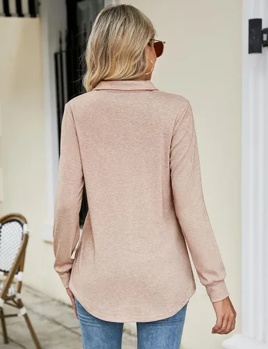 Vista 3 de Micoson Sudadera de manga larga con solapa y botones para mujer, cuello en V, casual, para negocios, sudadera con vuelo