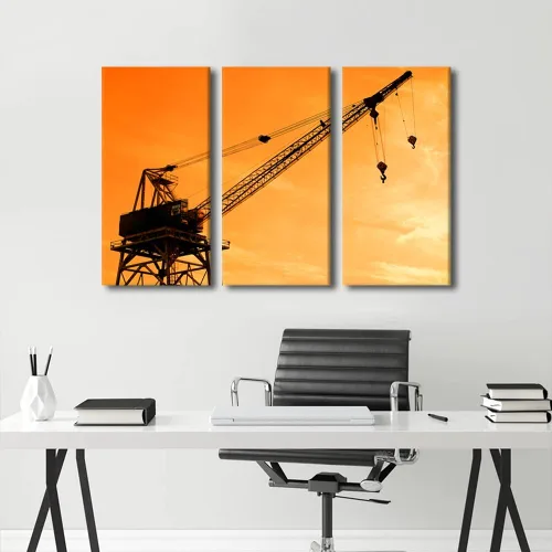 Vista 3 de TUMOVO Arte de pared con diseño de grúa para dormitorio, 3 piezas de grúa pesada al anochecer en un sitio de construcción, póster, pintura, arte