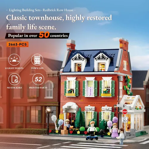 Vista 2 de LUMIBRICKS Redbrick Row House Lighting - Juego de ladrillos de construcción – Kit de exhibición de colección de modelos de construcción modular