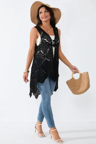 Vista 6 de Chaleco de encaje de ganchillo para mujer, estilo bohemio, sin mangas, kimono con dobladillo irregular