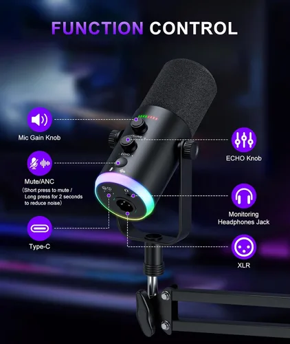 Vista 6 de Micrófono dinámico para juegos Modo dual USB/XLR Kit de micrófono de brazo RGB con silencio de un solo toque, monitor de auriculares, control