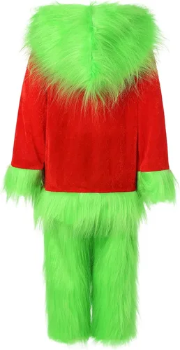Vista 4 de BABAMOON Disfraz de cosplay de Navidad para niños y niñas, conjunto de 2 piezas de monstruo peludo verde de Papá Noel