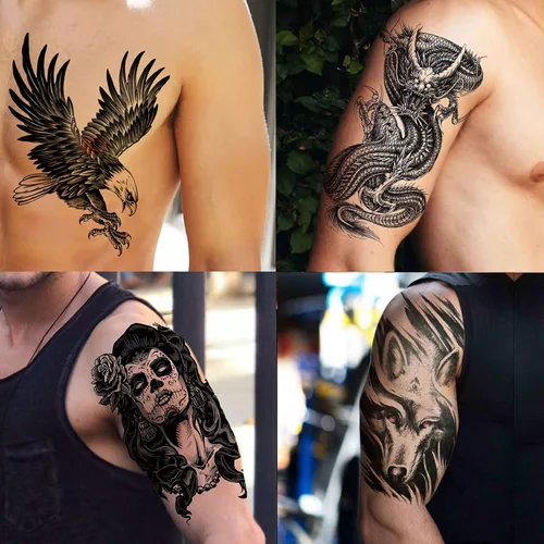 Vista 2 de VANTATY 50 hojas de tatuajes temporales negros para hombres y adultos, animales de lobo león dragón, falsos pequeños tatuajes temporales