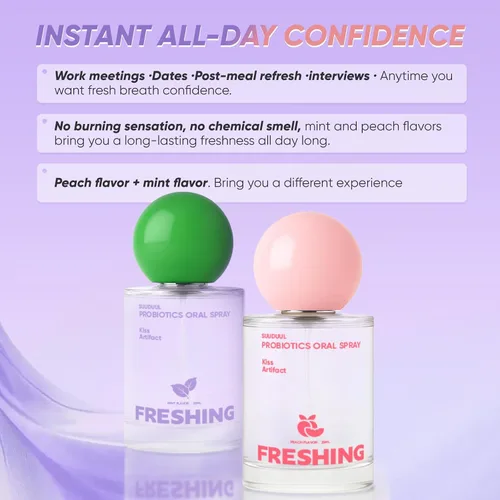 Vista 4 de Spray oral probiótico, combo de sabor a menta y melocotón, espray de aliento con prebióticos y probióticos, frescura duradera, sin alcohol, cómodo
