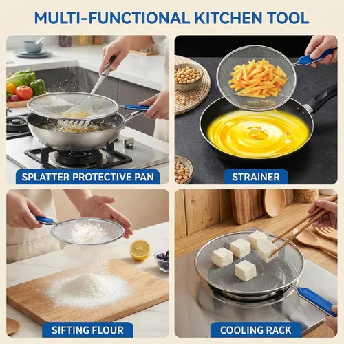 Vista 5 de Protector contra salpicaduras de grasa de 8.3 pulgadas para sartén, pantalla de grasa de acero inoxidable con mango de agarre, malla ultra fina que