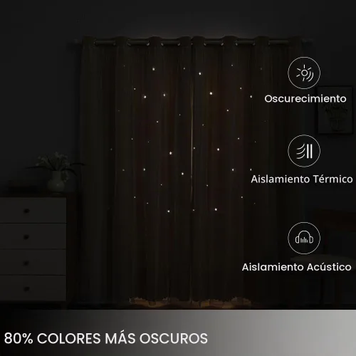 Vista 4 de FANLI 2 paneles de cortinas opacas de estrellas para dormitorio de niñas, sala de estar, rayas oscurecedoras, doble capa, estrellas caladas Beige