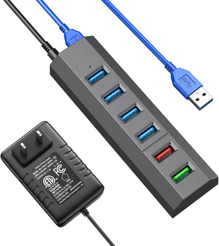 Vista 10 de Aiibe - Concentrador USB, 6 puertos USB 3.0 de súper alta velocidad + adaptador de corriente de 24 W + cable USB 3.0, cargador rápido inteligente