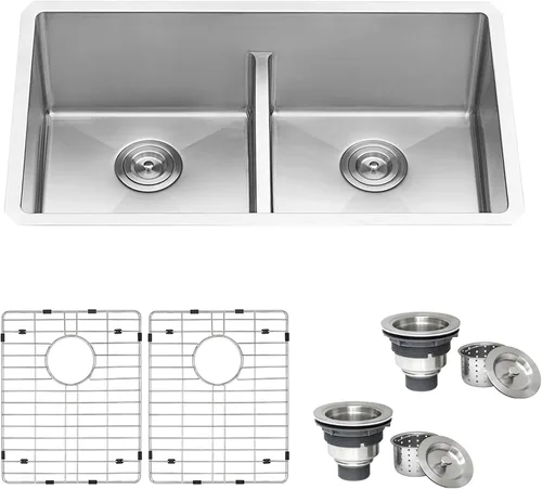 Vista 10 de Ruvati RVH7255 fregadero de cocina bajo cubierta de bajo perfil, bajo montaje, radio estrecho, doble cuenca 60/40, 28 pulgadas, calibre 16, acero