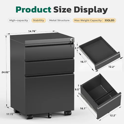 Vista 3 de Greenvelly Archivador móvil de 3 cajones con cerradura, archivador de metal sobre ruedas, archivador debajo del escritorio para organizador de Negro