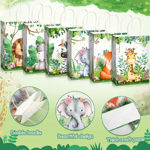 Vista 3 de Pajean Bolsas de Golosinas Safari Animales de la Selva Bolsas de Favores de Fiesta con Asas Estampado de Animales del Zoológico Dulces de Favores