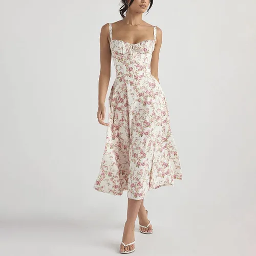 Vista 3 de Vestido de corsé floral para mujer, estilo bohemio, de verano, tirantes delgados, cuello cuadrado, casual, por debajo de la rodilla, con abertura
