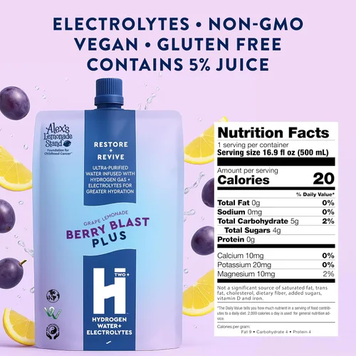 Vista 2 de HTWO Plus Agua de hidrógeno molecular con electrolitos, sabor a limonada de uva, paquetes de hidratación sin azúcar, paquete de 6 unidades de 16.9
