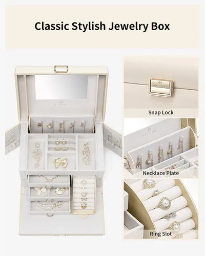 Vista 4 de Vlando Joyero organizador para niñas y mujeres, caja de almacenamiento de joyería barroca grande con espejo, cajones para pulseras, aretes, anillos