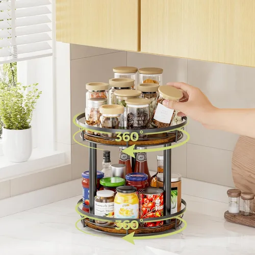 Vista 4 de LAMU Organizador Lazy Susan de Especias de Madera de 10 Pulgadas, Organizador de Especias de 2 Niveles para Gabinete, Encimera, Cocina, Superficie