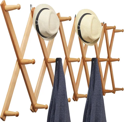 Vista 38 de WEBI Perchero de Pared Acordeón, Perchero de Sombreros de Madera Expandible para Perchero de Abrigos Montado en Pared, Soporte de Ganchos Acordeón