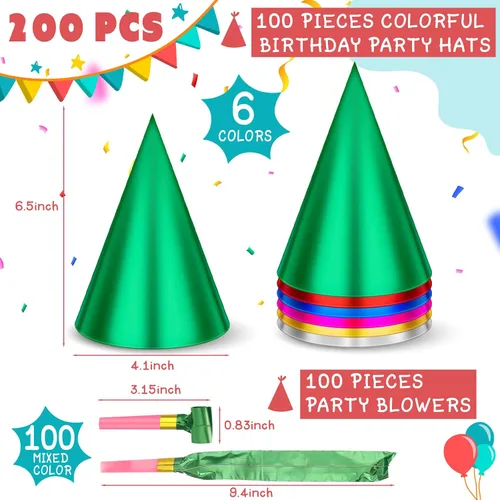 Vista 2 de Sotiff Juego de 200 sombreros y sopladores para fiesta de cumpleaños, cono colorido, sombrero metálico de papel de aluminio para niños y adultos