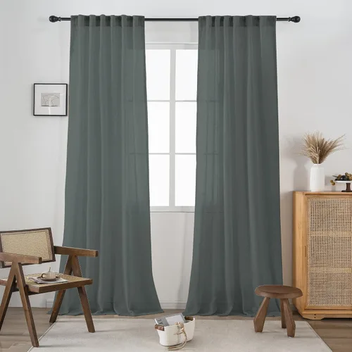 Vista 19 de 2 paneles de cortinas de lino transparente natural de 45 pulgadas, color beige para ventanas pequeñas, bolsillo con pestaña trasera, cortinas cortas
