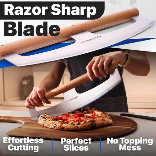 Vista 7 de KitchenStar Cortador de pizza con hoja basculante de 16 pulgadas + cáscara de pizza de madera de 16 pulgadas + piedra para pizza para horno